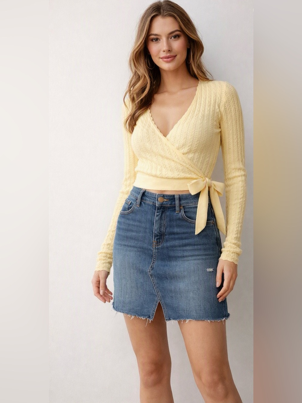 ULTRA ❤️ FLIRT - pointelle knit, yellow wrap and side tie V-neck sweater. XS